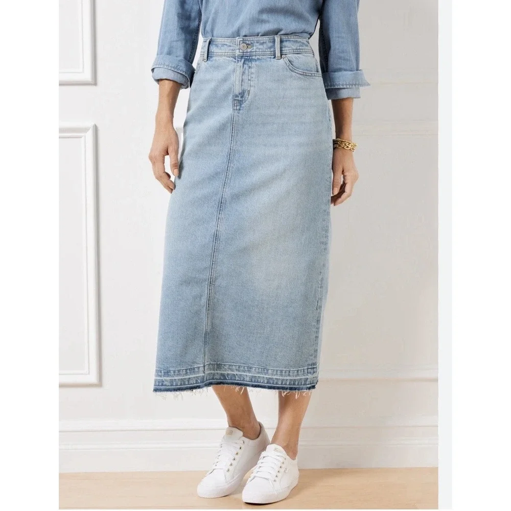 Talbots Women's Drop Hem Denim Midi Skirt Light Blue‎ Wash Size 16 NWT